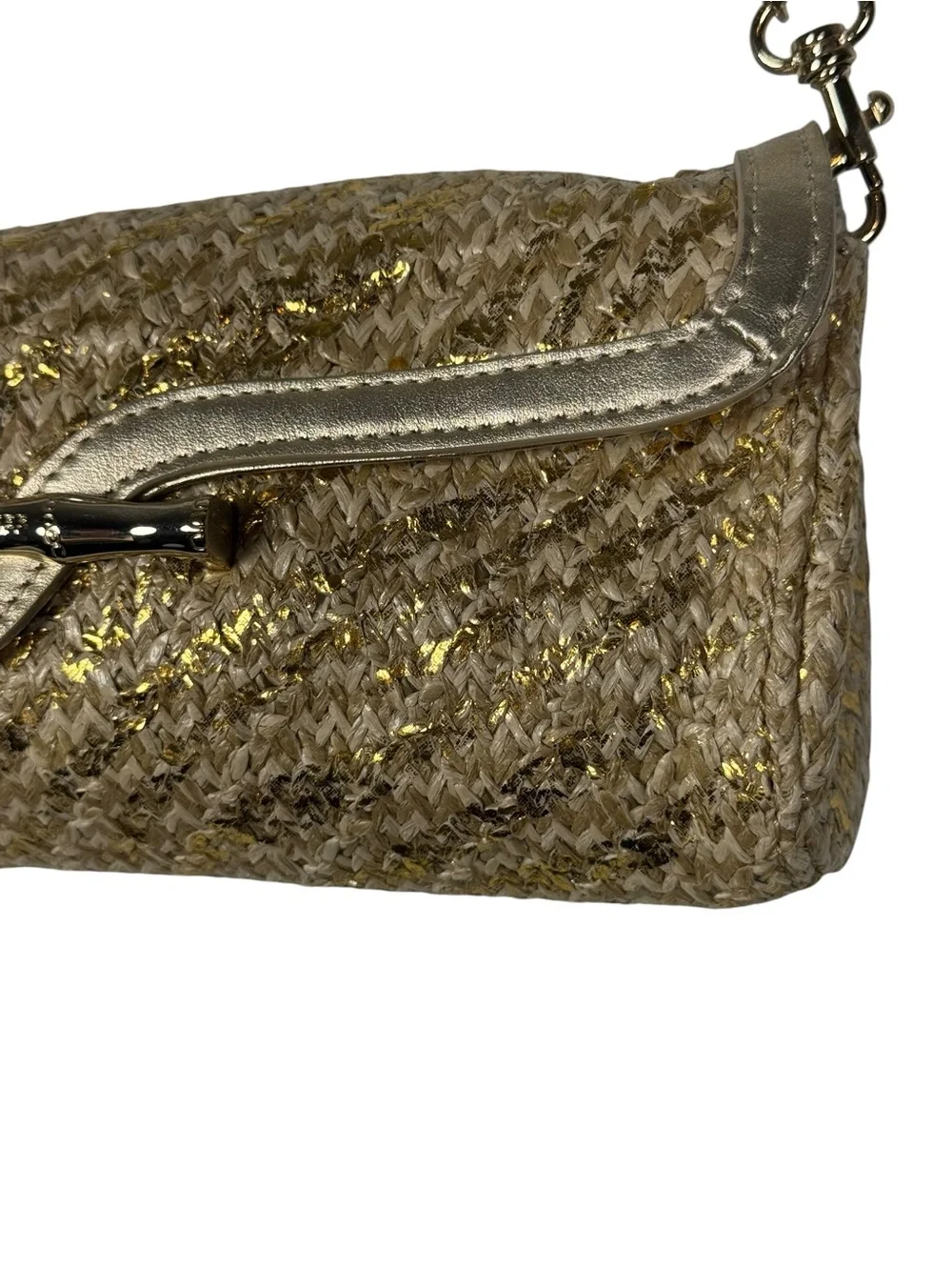 Elaine Turner Convertible Clutch Bag Woven Metallic Raffia Bamboo Accent